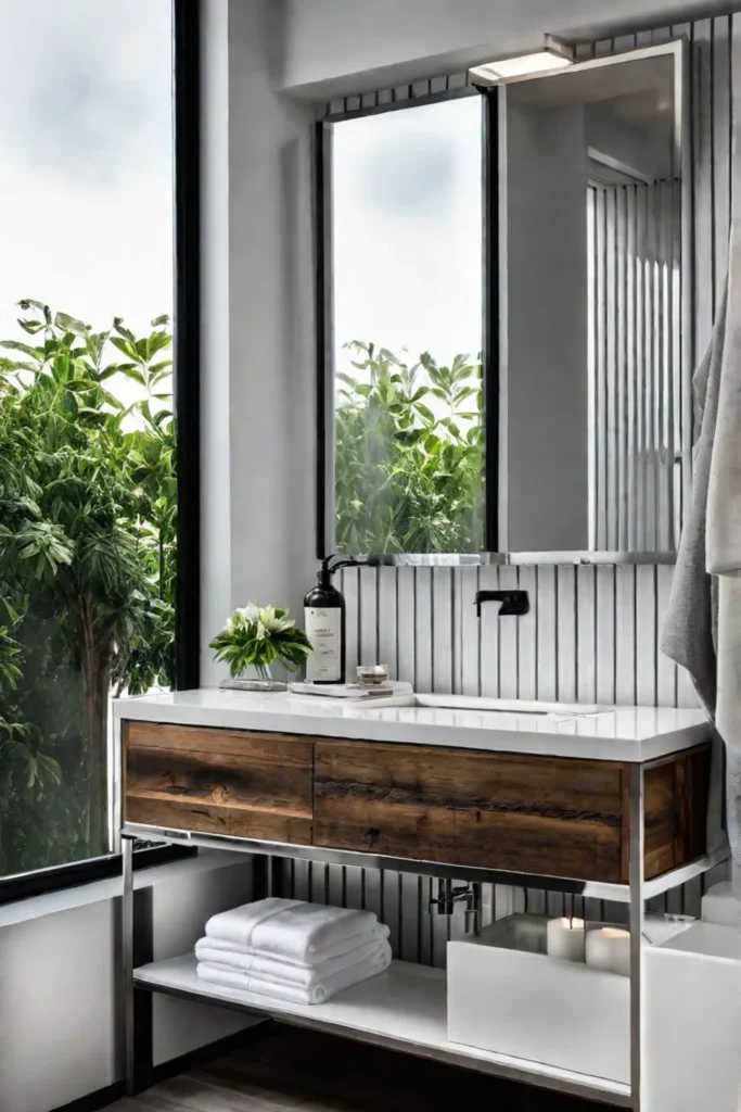Sustainable bathroom reclaimed wood sink natural light
