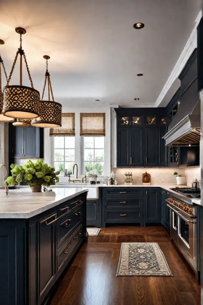 Traditional kitchen with ornate cabinetry a farmhouse sink and marble countertops