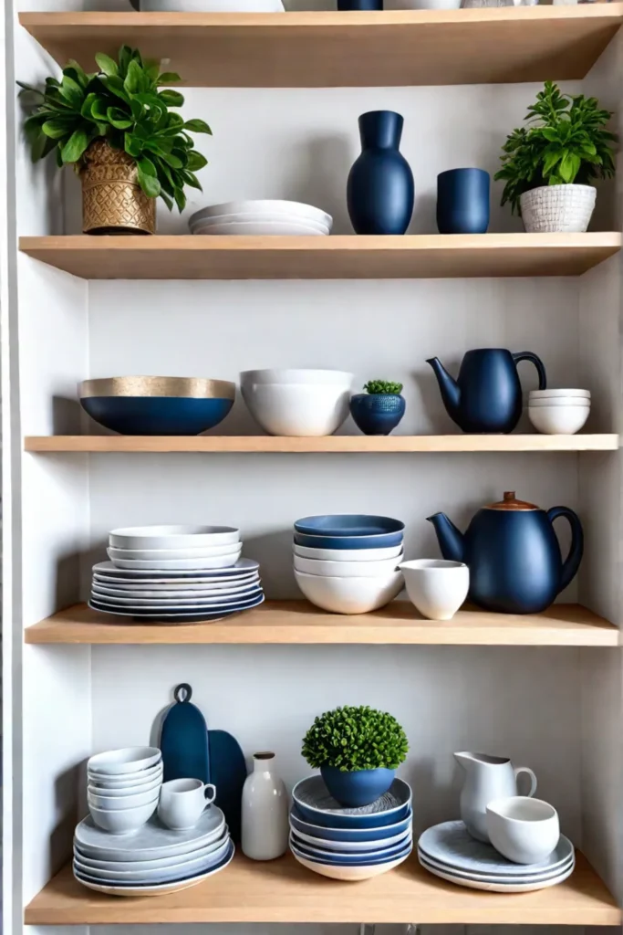 white dishes on open shelving