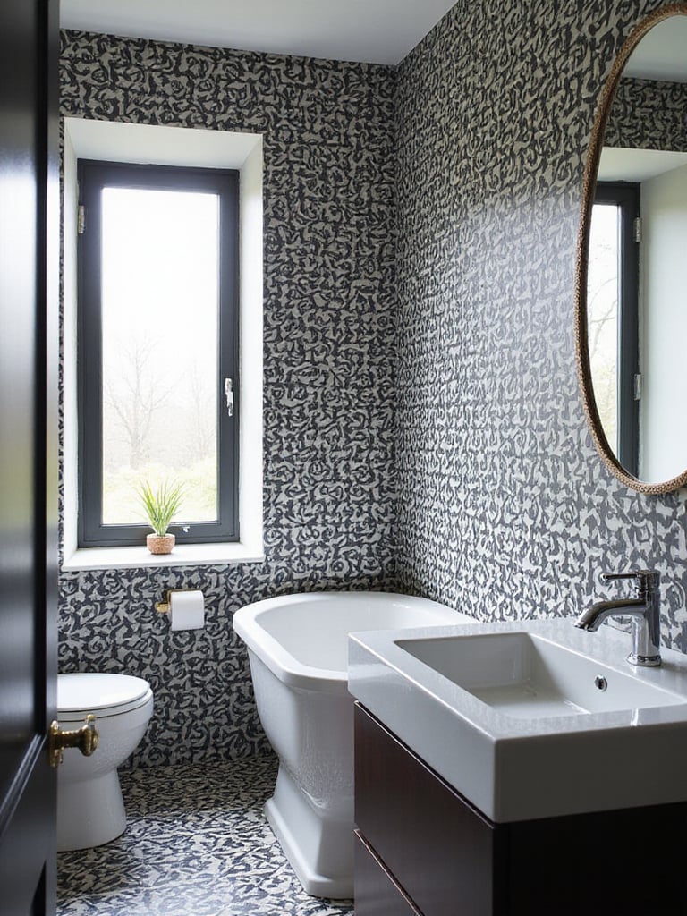 A stylish bathroom with high-contrast black and white wallpaper showcasing geometric patterns.