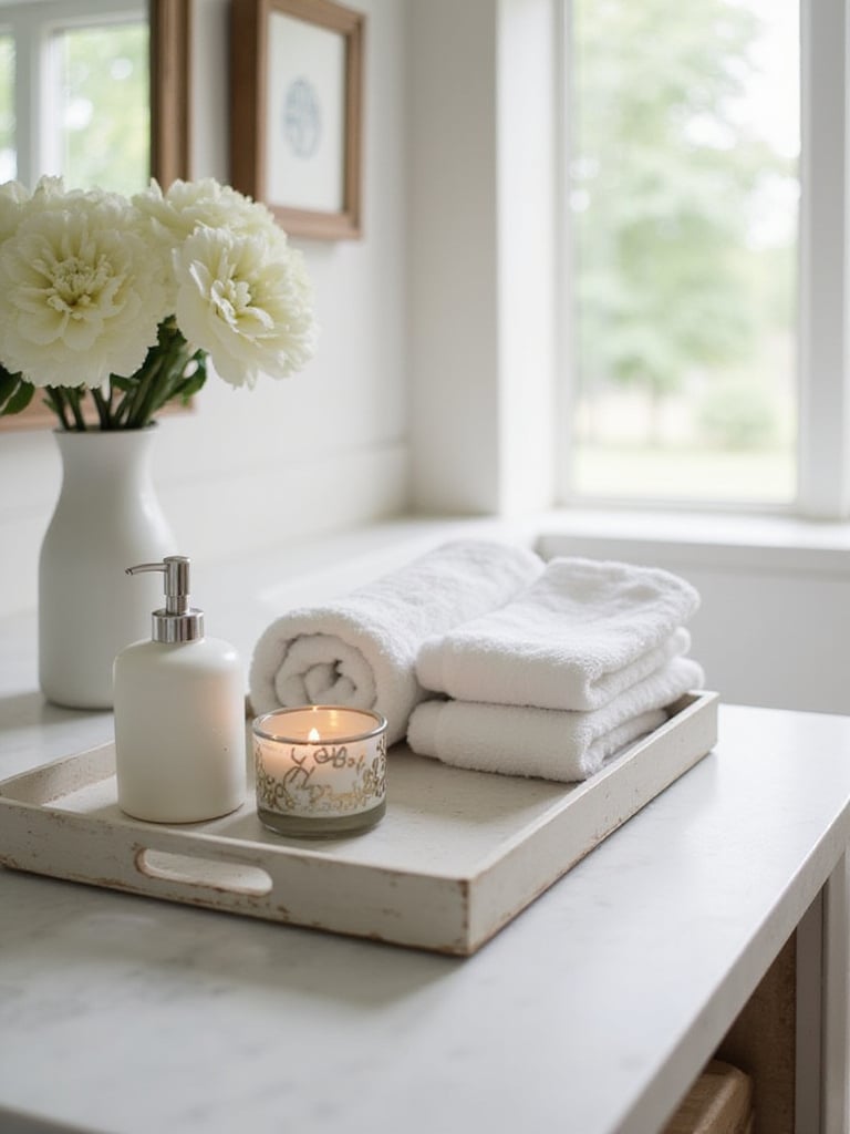 Elegant bathroom vanity with decorative tray holding soap and towels, showcasing organization.