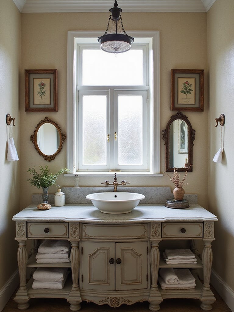 Vintage bathroom decor featuring a repurposed Victorian washstand and antique mirrors.