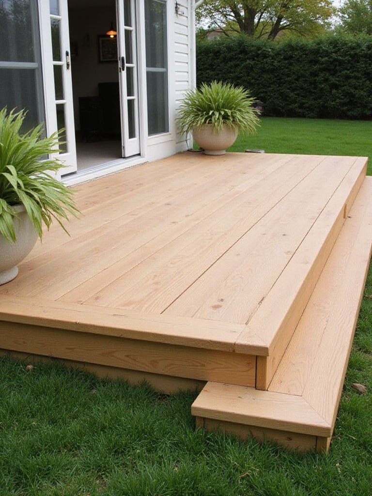 Low-profile ground-level deck in a beautiful backyard setting
