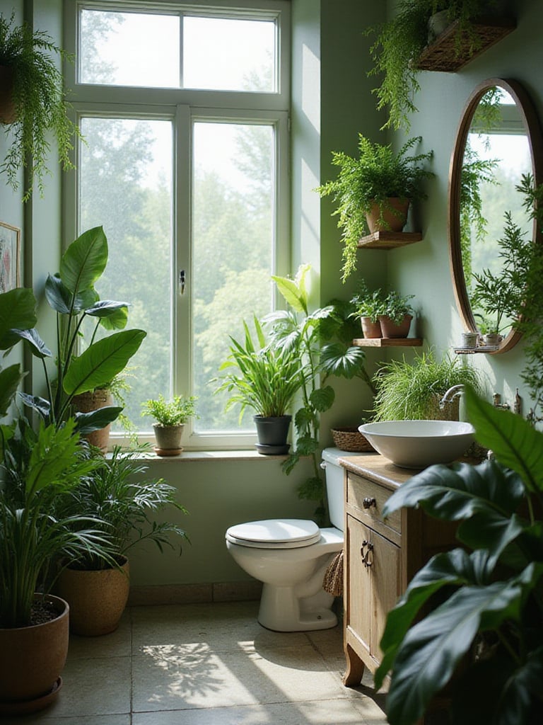 A tranquil bathroom filled with various indoor plants, creating a spa-like atmosphere.