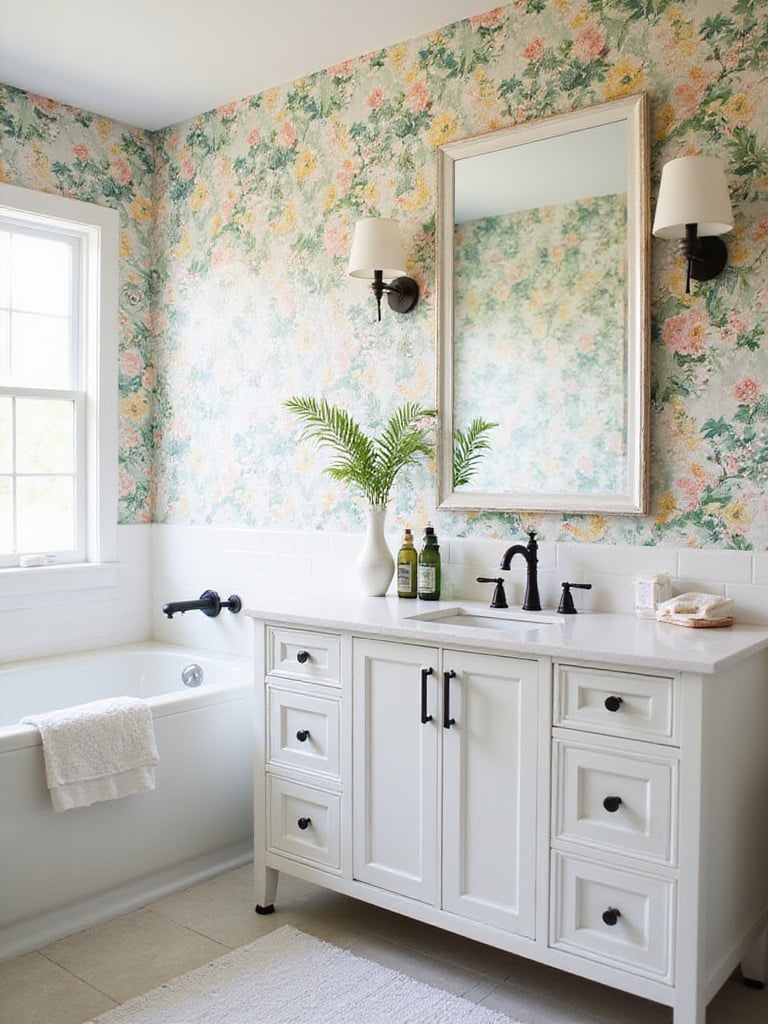 Stylish bathroom with budget-friendly wallpaper options and modern decor.
