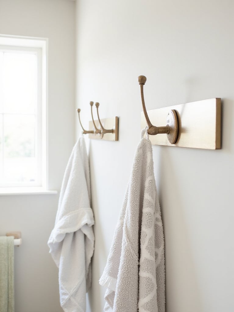 Decorative wall hooks in a stylish bathroom with neatly hung towels and a robe.