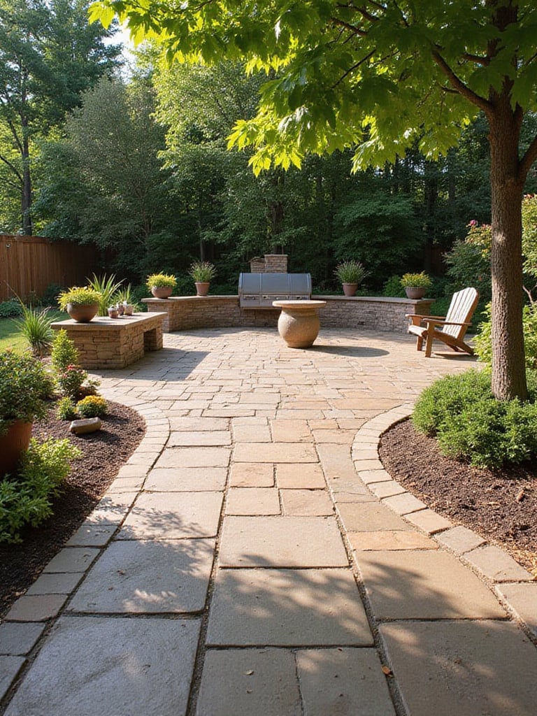 Concrete paver patio in a backyard setting with lush greenery