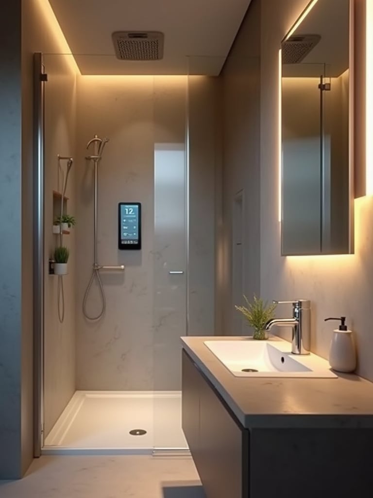 Modern bathroom showcasing integrated smart technology including a smart shower, touchless faucet, and smart mirror.