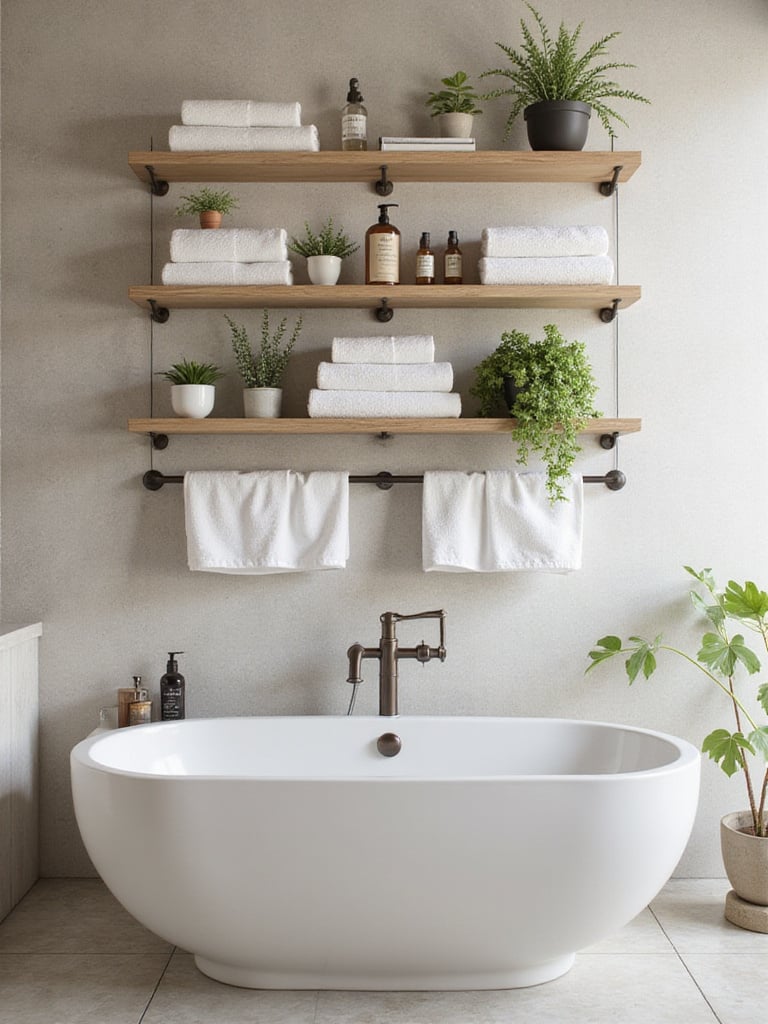 Stylish open shelving in a modern bathroom showcasing organized towels and decor