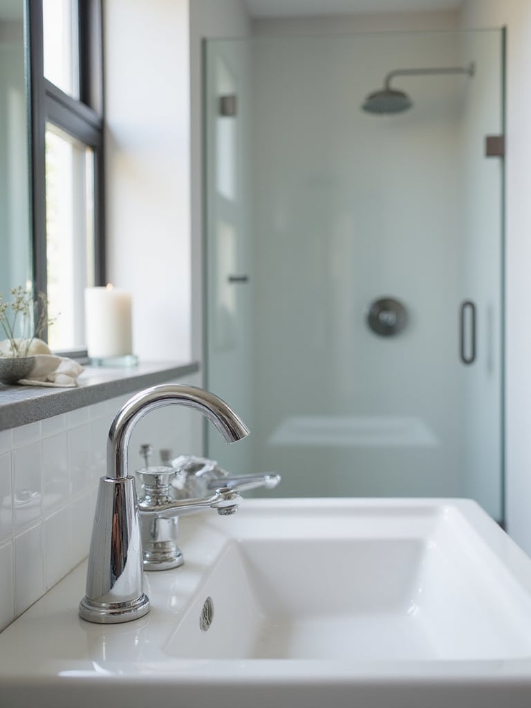 Modern bathroom featuring upgraded faucets and showerhead in a stylish setting