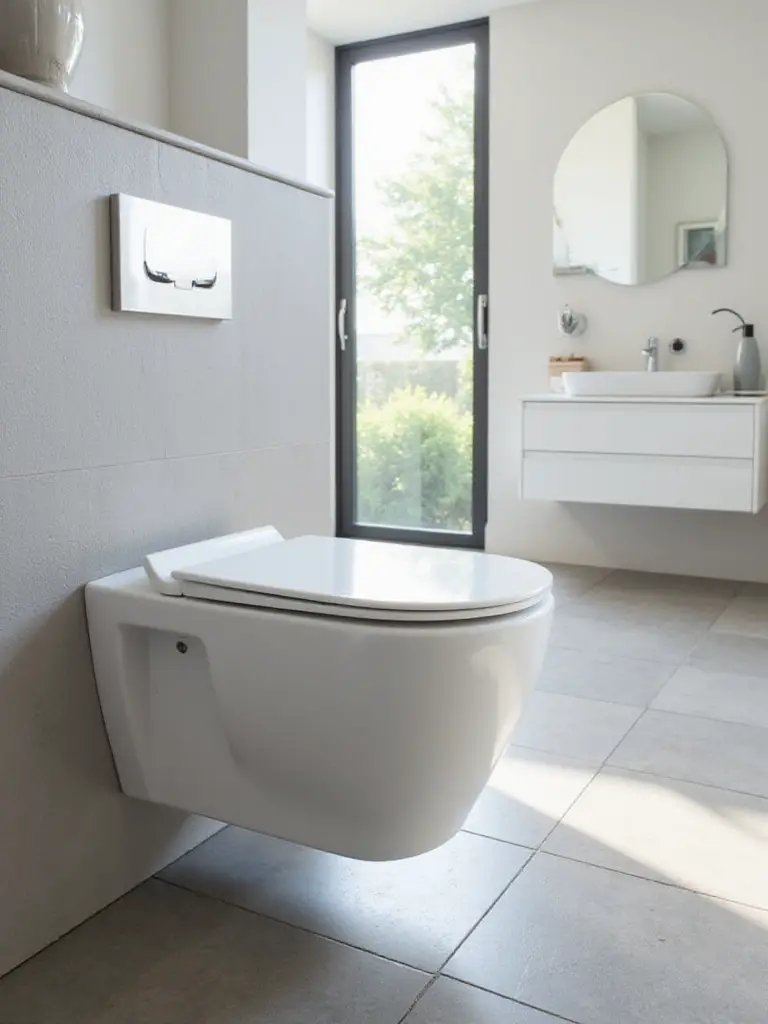 Modern bathroom featuring a wall-hung toilet with concealed cistern