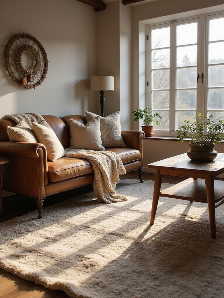 Rustic living room with wool rug, linen pillows, and faux fur blanket