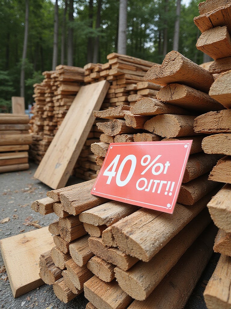 Discounted lumber bundles displayed in a well-organized lumberyard under natural sunlight.
