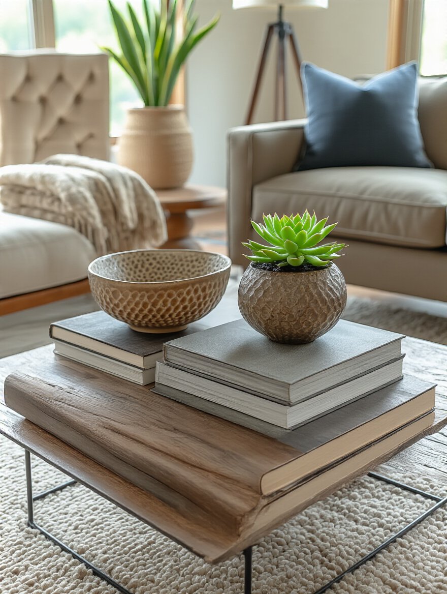 Living room vignette styled using the Rule of Three with a coffee table featuring a stack of books, decorative bowl, and potted succulent arranged in a balanced triangle