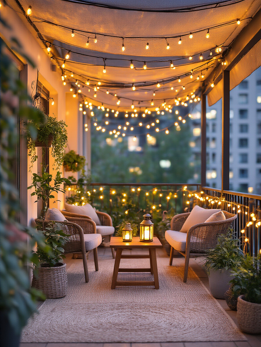 Cozy balcony with warm ambient lighting installed safely featuring string lights and LED lanterns at dusk