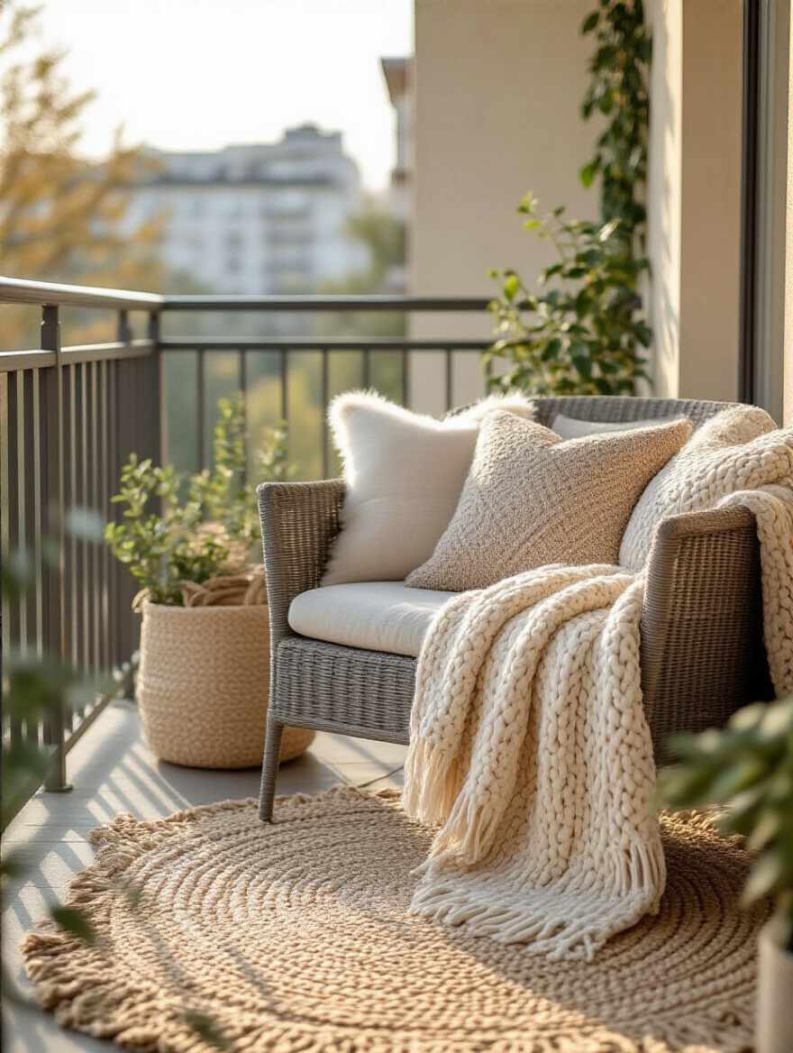 Cozy balcony corner with layered soft textiles including pillows, throw blanket, and outdoor rug for enhanced comfort and style