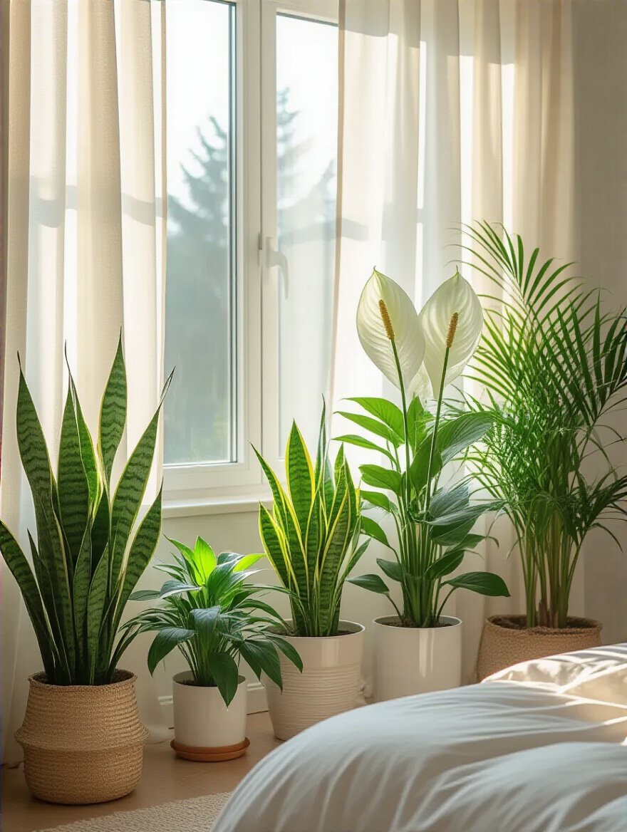 Master bedroom corner with air-purifying plants like Snake Plant and Peace Lily near a window, showcasing calming greenery to improve air quality