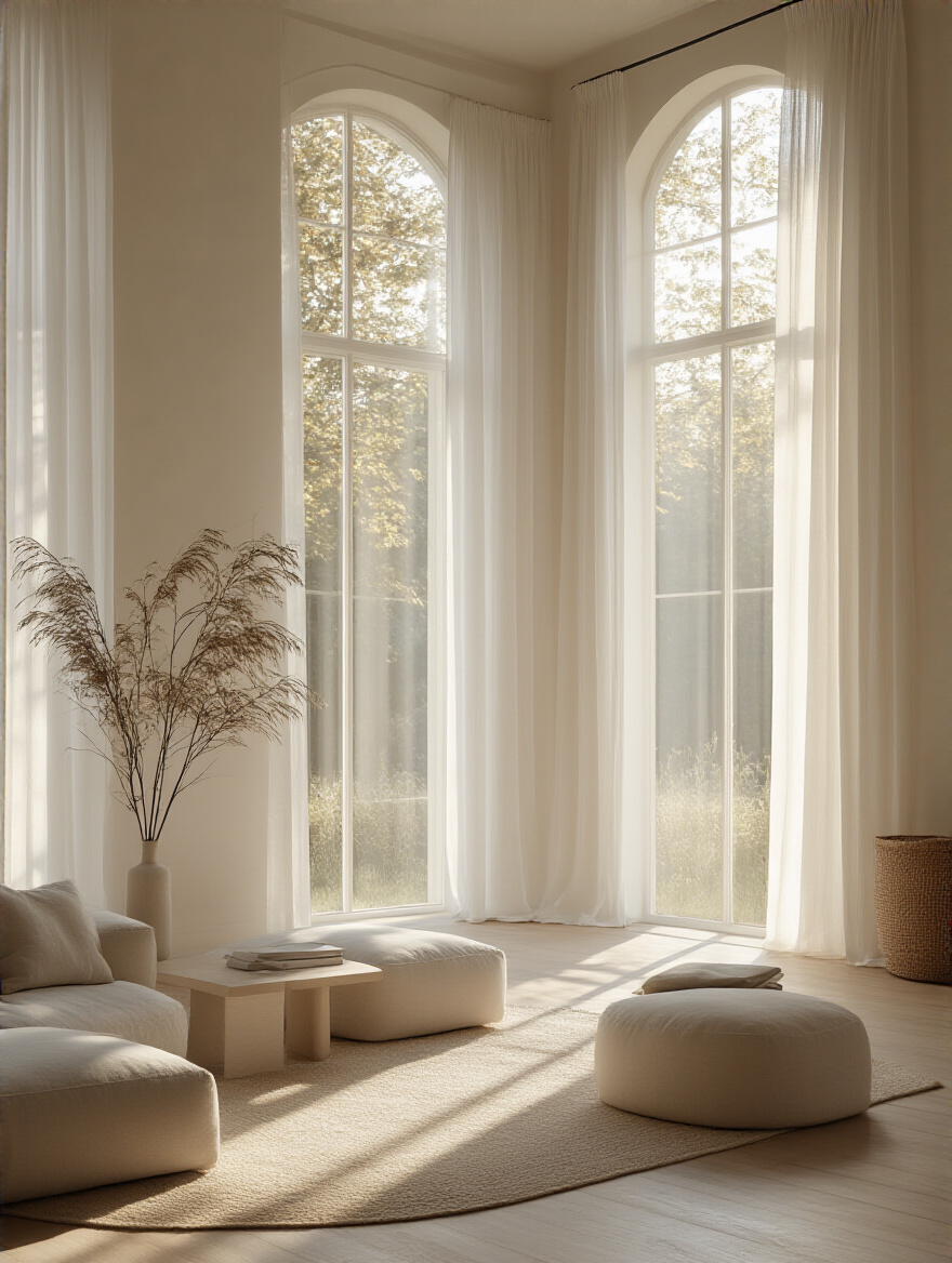 Minimalist living room with natural light from bare windows and sheer curtains.
