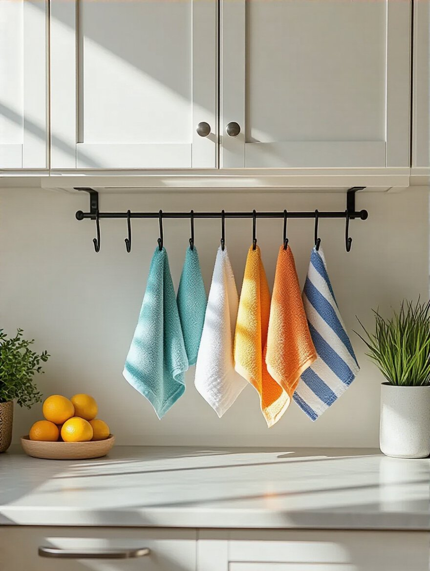 Over-cabinet hooks holding towels and dishcloths on a kitchen cabinet door, showcasing a clutter-free countertop