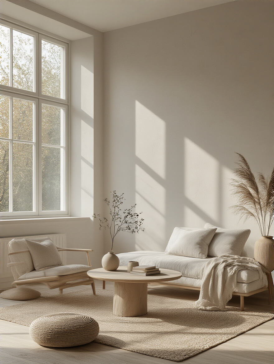 Minimalist living room with serene neutral walls and natural light