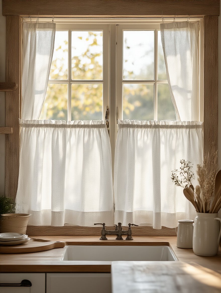 Stylish kitchen window with budget-friendly treatments featuring cafe curtains and natural light.