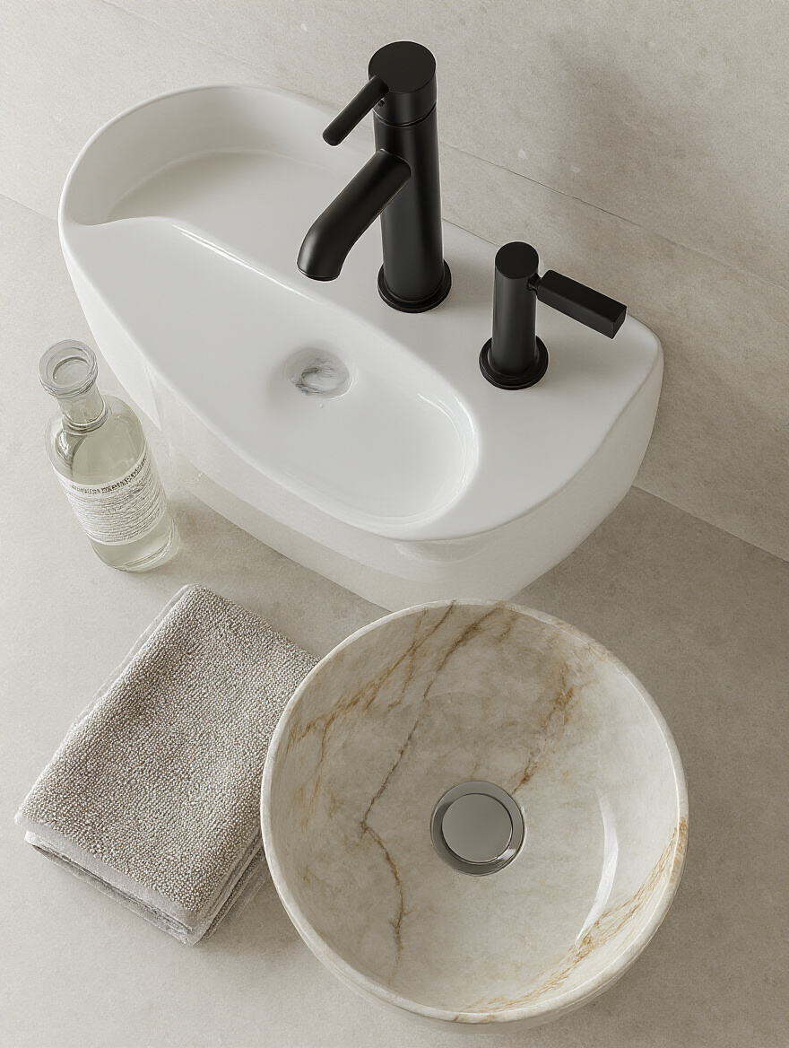 Vertical close-up of three sink finishes (vitreous china, solid surface, marble) illustrating scratch and stain resistance comparisons