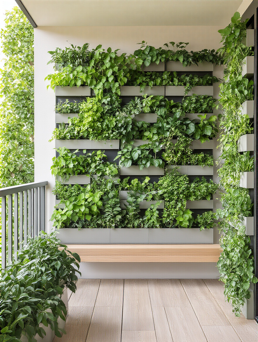 Portrait view of a balcony with a lush vertical garden using wall-mounted planters on a compact balcony