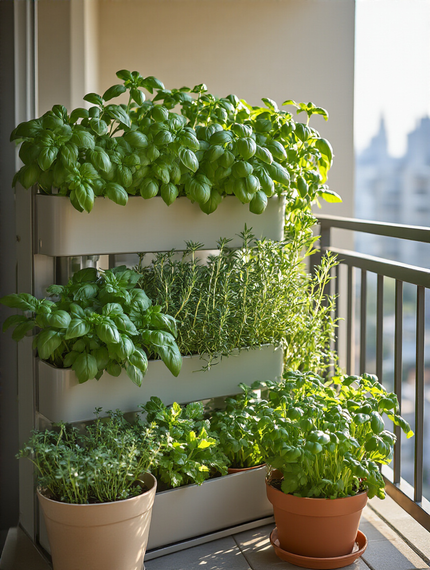 Vertical portrait of a sunny balcony with a compact herb garden featuring tiered planters and railing pots.
