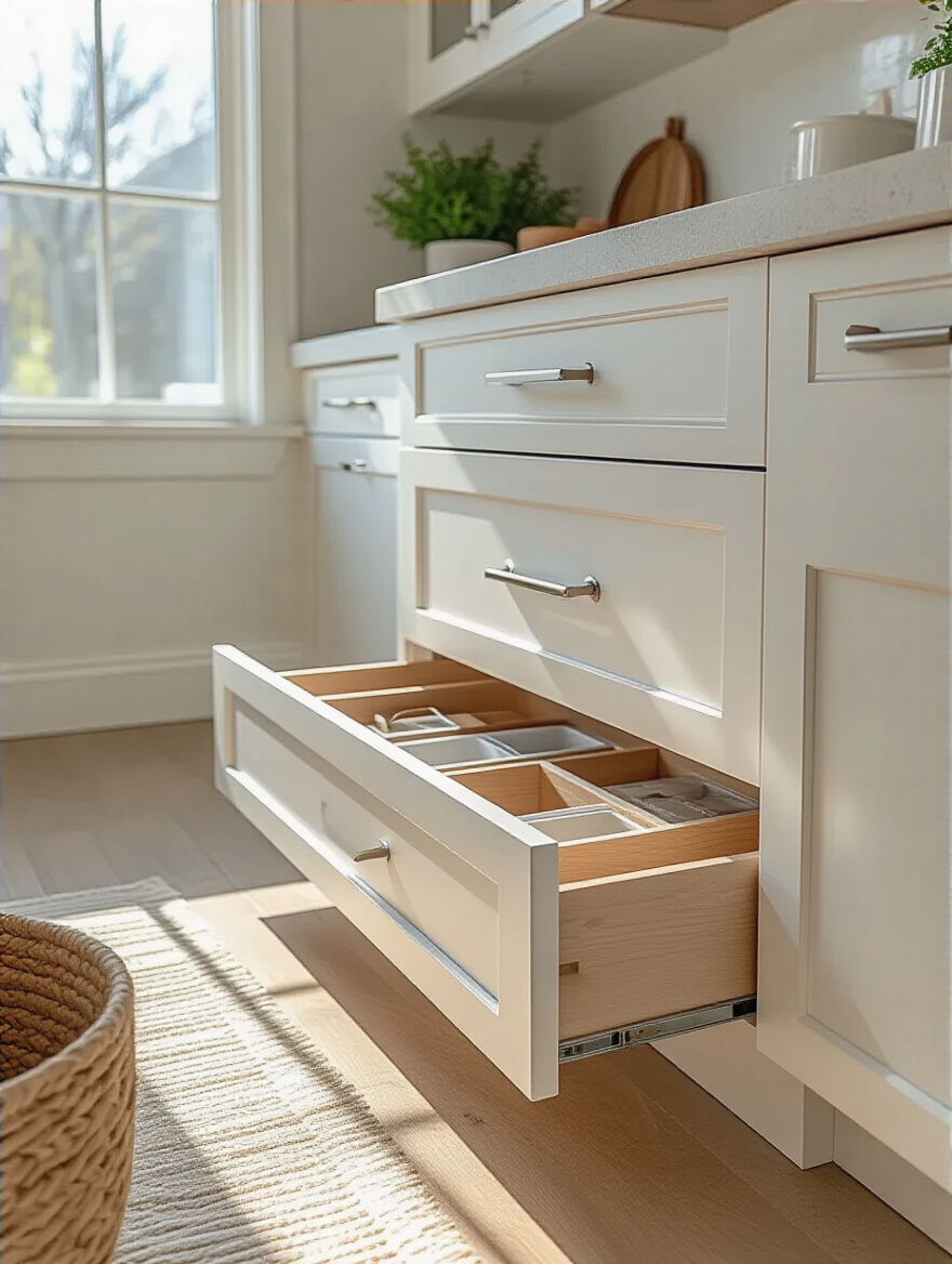 Modern kitchen toe-kick drawers hidden under base cabinets provide extra storage