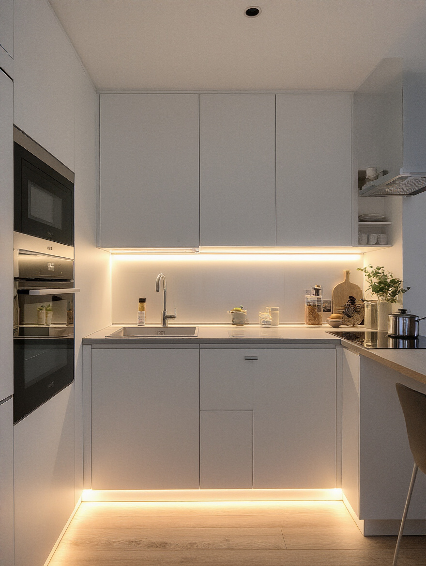 Vertical shot of a small kitchen showcasing under-cabinet task lighting brightening the prep area
