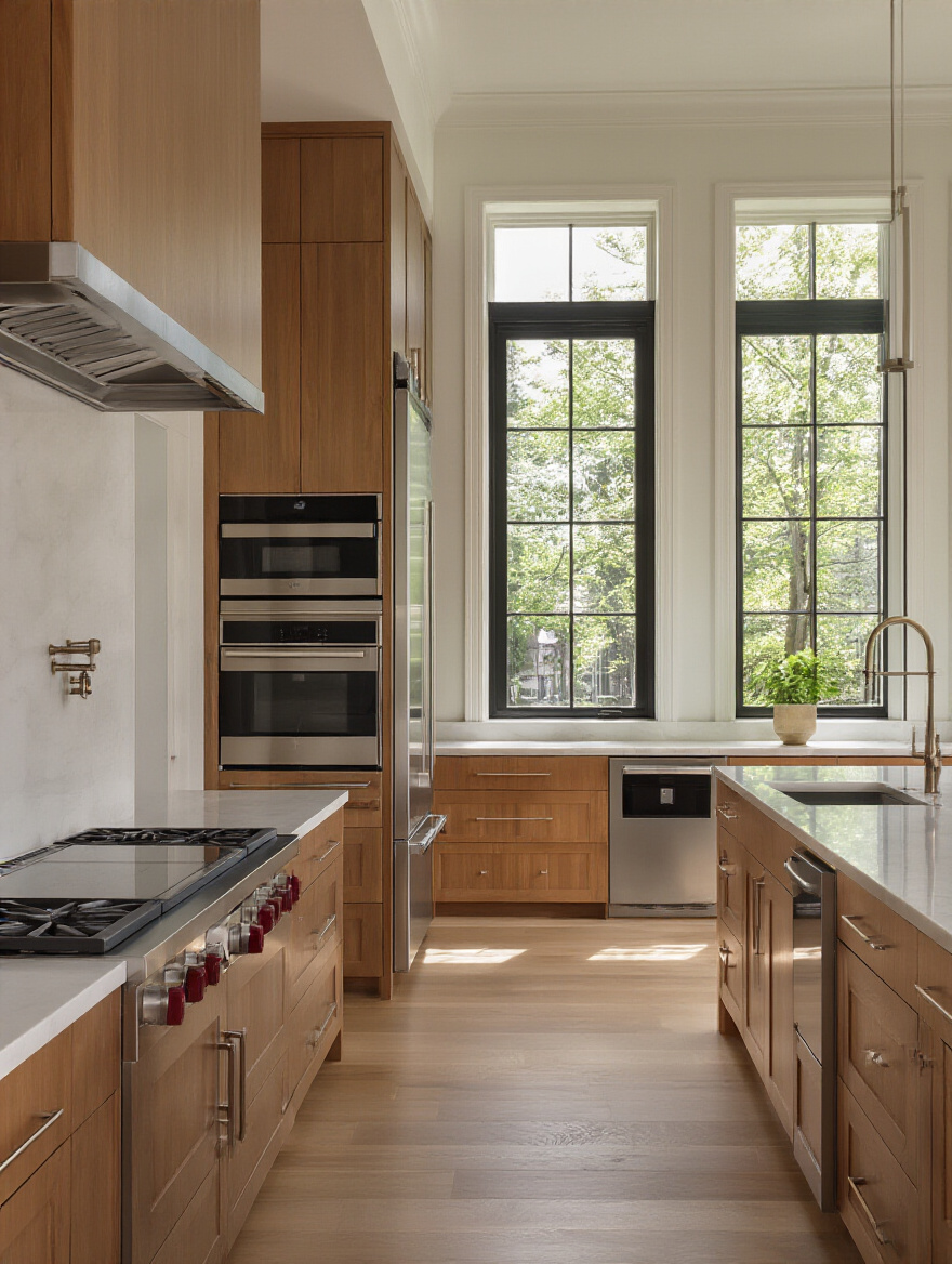 Portrait of a luxury kitchen with integrated professional-grade appliances behind paneling