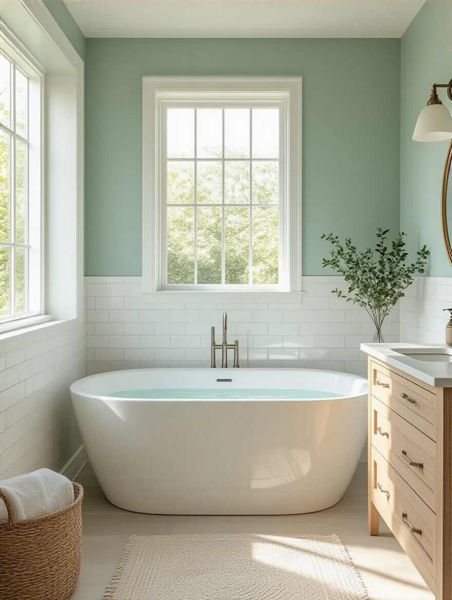Bathroom with a cohesive seafoam green, white, and wood color palette, promoting a serene and unified ambiance, featuring a freestanding tub and natural light.