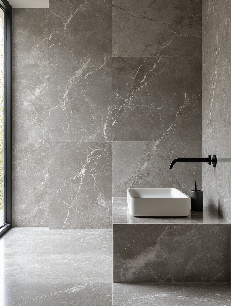 Contemporary bathroom wall featuring innovative, large-format grey marble tiles with sophisticated lighting, highlighting textured finishes for a luxurious home remodel.