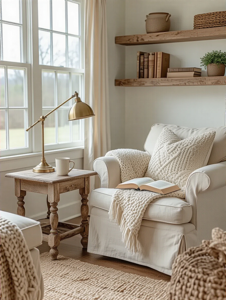 Cozy farmhouse dining room with a reading nook featuring a slipcovered armchair, rustic side table, and vintage lamp, illuminated by natural light.