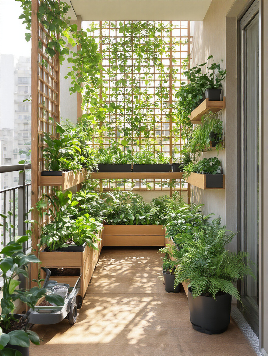 Portrait of a balcony garden with a functional accessible plant layout