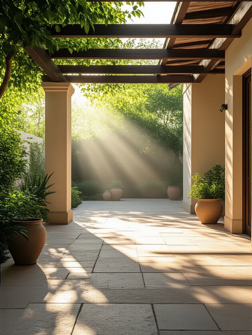Patio with distinct sunlight and shadow zones, demonstrating daily sun exposure evaluation for plant placement, lush greenery in planters, flagstone patio, bright and shaded areas.