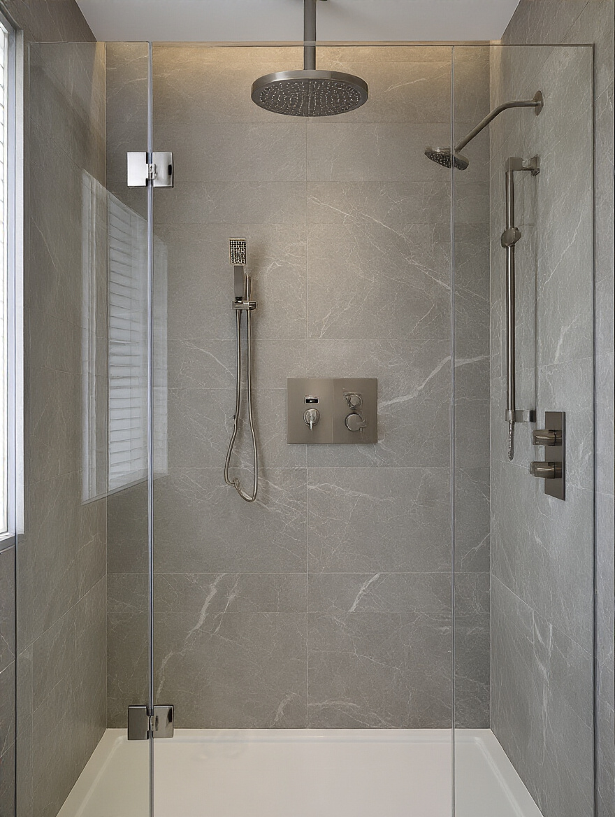 Contemporary walk-in shower with a sleek brushed nickel rain shower head, handheld spray, and minimalist digital controls. Light grey marble-effect tiles and a frameless glass enclosure create a luxurious, modern look.