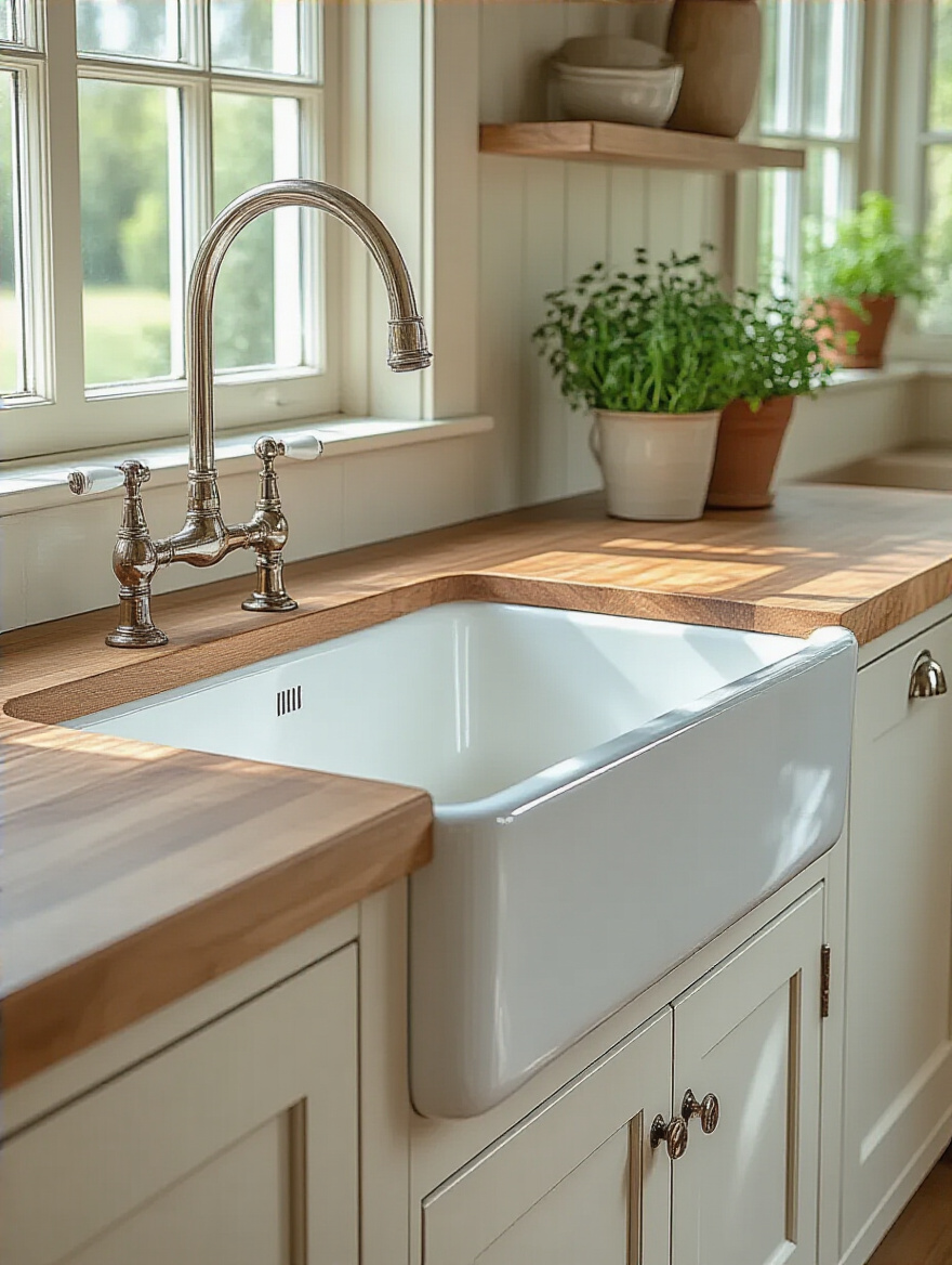 A bright farmhouse kitchen featuring a large white fireclay apron-front sink, integrated into a light wooden cabinet with a traditional gooseneck faucet. The sink is clean and well-lit, hinting at its functional capacity in a welcoming space.