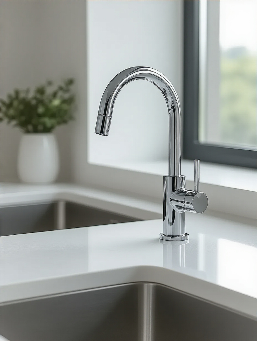A close-up, eye-level portrait of a modern, sleek chrome smart faucet over a stainless steel sink in a clean, minimalist kitchen, emphasizing touchless operation and sophisticated design.