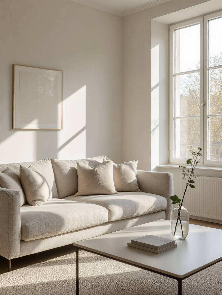Decluttered living room with minimalist decor, soft lighting, and clean surfaces, representing visual calm and simplicity. Living Room Declutter.