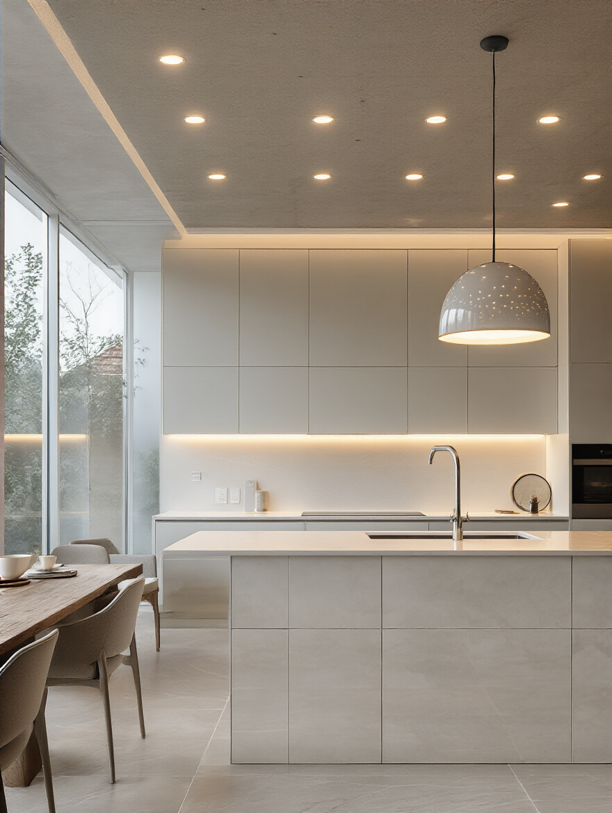 Vertical kitchen lighting setup showing clean fixtures and bright bulbs