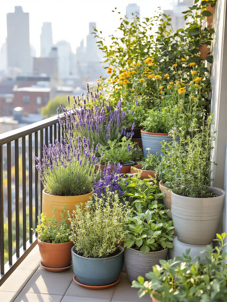Portrait of climate-resilient balcony garden with native and drought-tolerant plants in containers