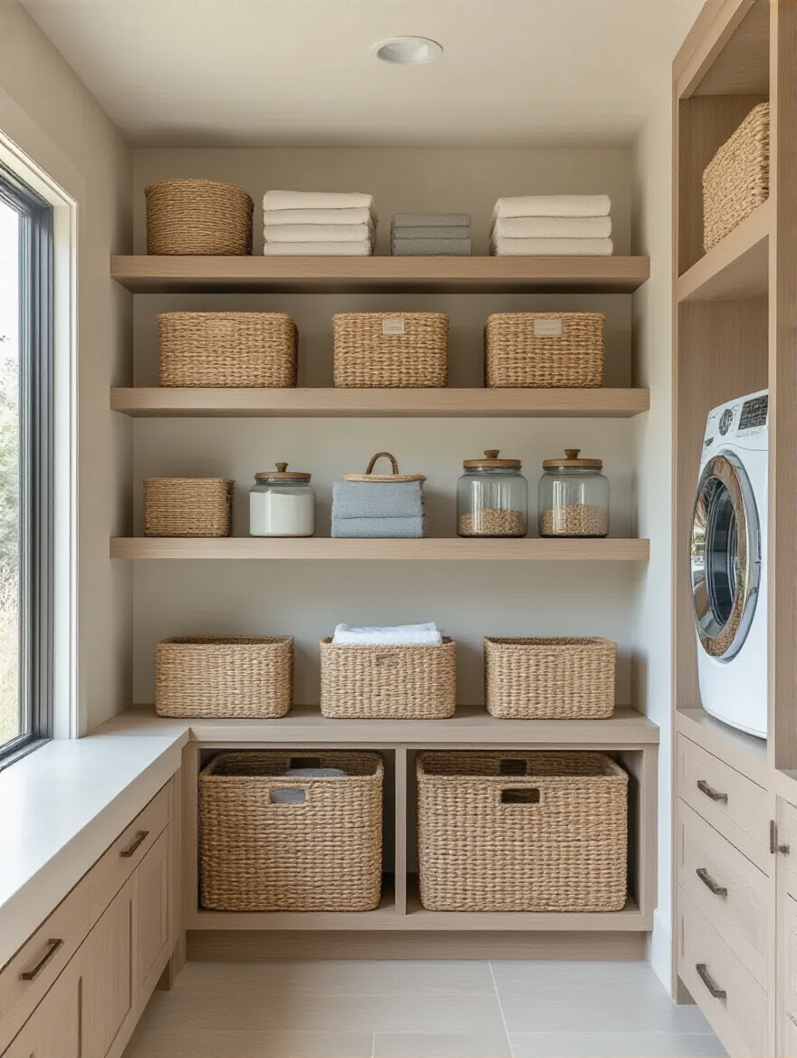 Organized laundry room shelves with stylish baskets, bins, and jars on display.