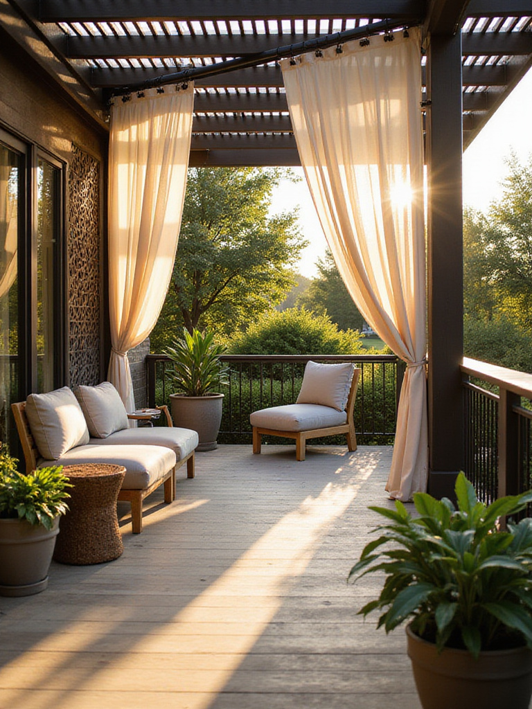 A deck with a stylish pergola, flowing outdoor curtains, and a decorative screen creating privacy and shade, furnished with comfortable outdoor seating.