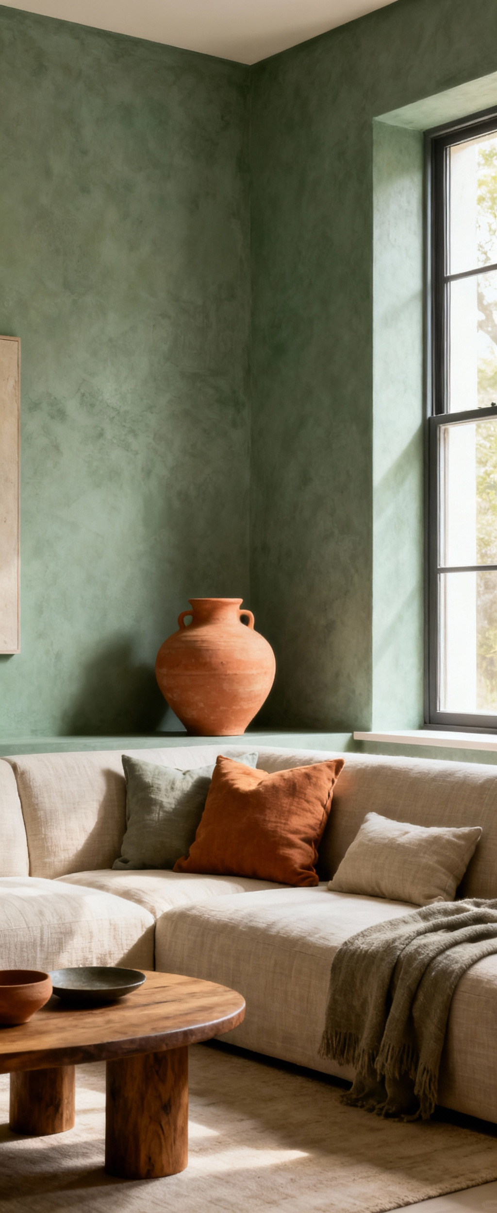 A beautifully designed living room with sustainable decor, featuring a longevity-oriented color palette of calming greens and terracotta. The intentional color sourcing creates a harmonious and serene atmosphere, reflecting mindful design.