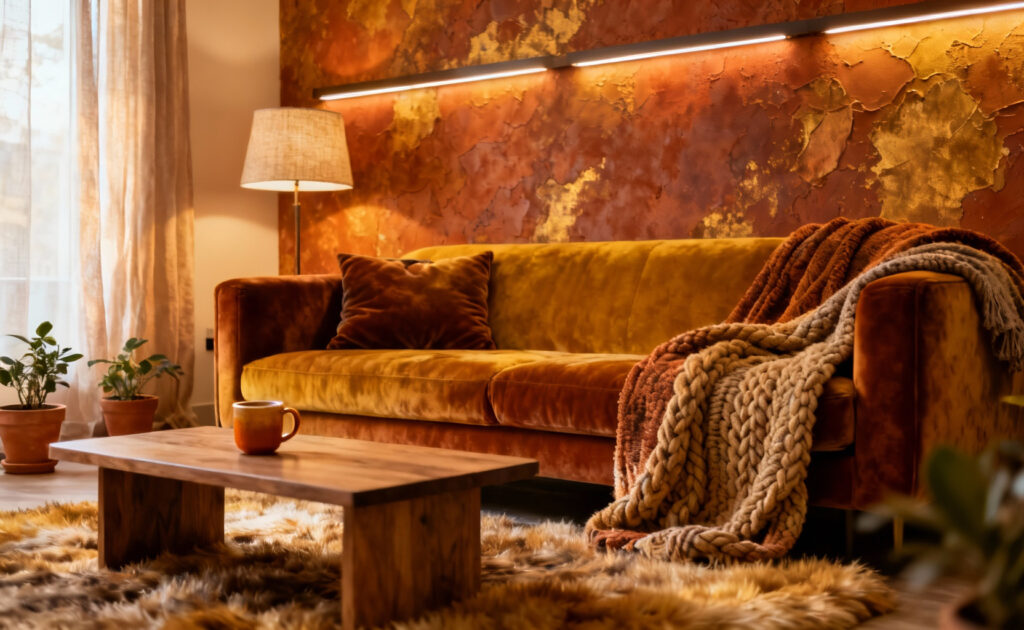 A cozy living room interior featuring deeply saturated terracotta, ochre, and caramel hues on walls, furniture, and textiles, illuminated by soft, warm ambient light, creating an intimate and tranquil atmosphere, no people.