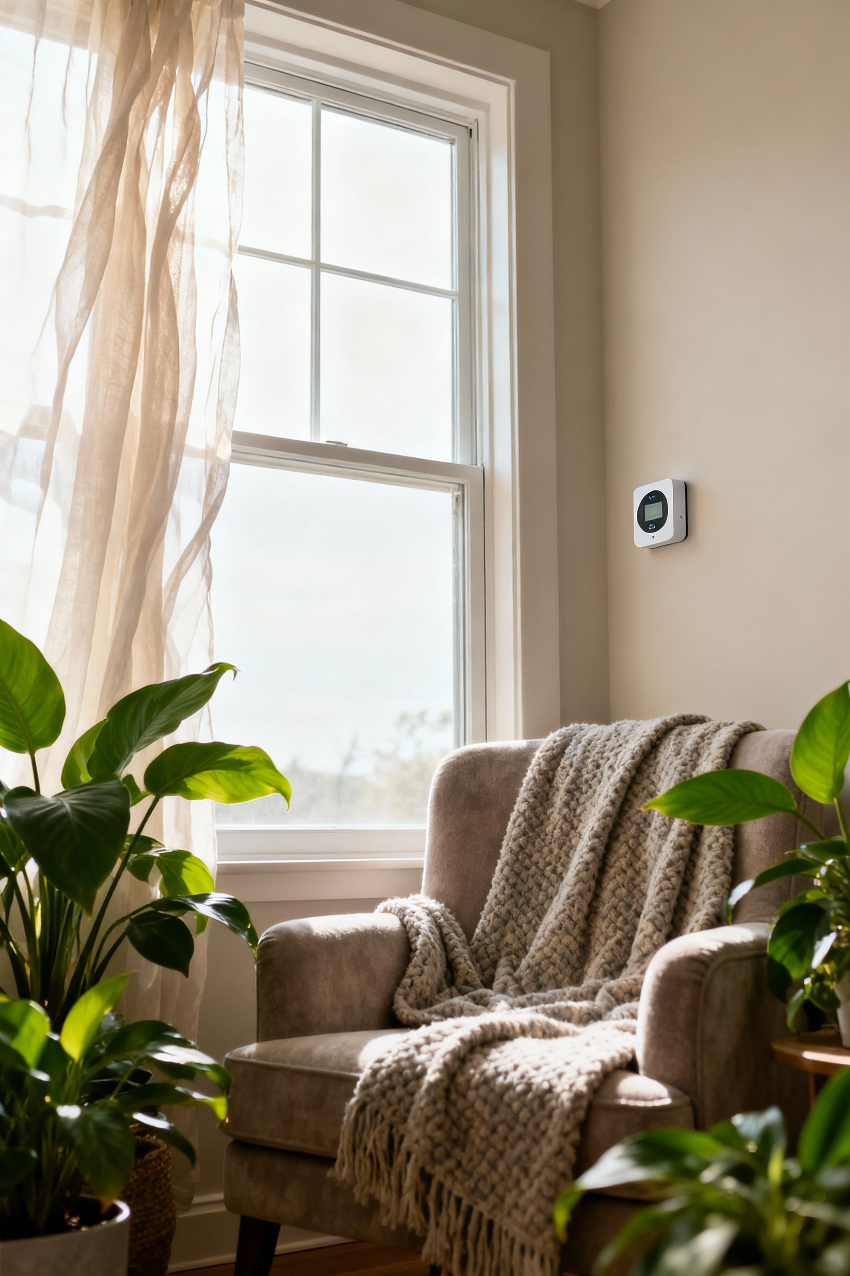 A cozy living room interior with balanced lighting, lush plants, and a modern thermostat, signifying optimal room temperature and fresh air quality for physiological comfort and serenity.