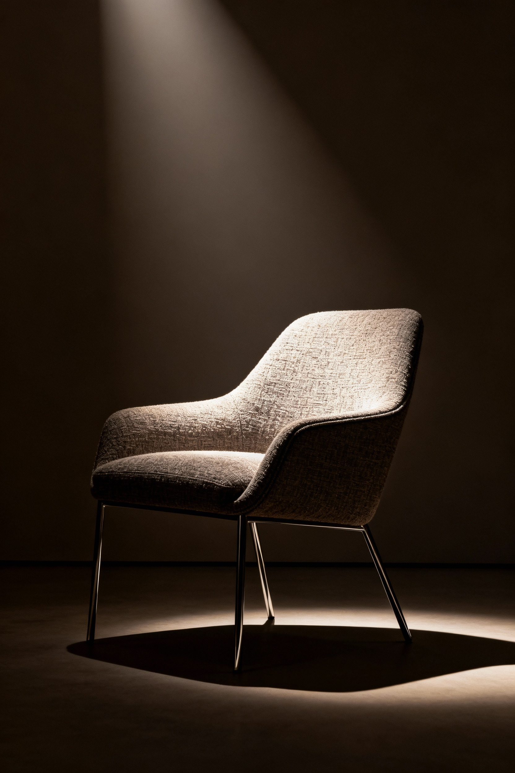Modern living room chair, artfully lit by strategic ambient lighting to highlight its sculptural form and textured upholstery, casting dramatic shadows.