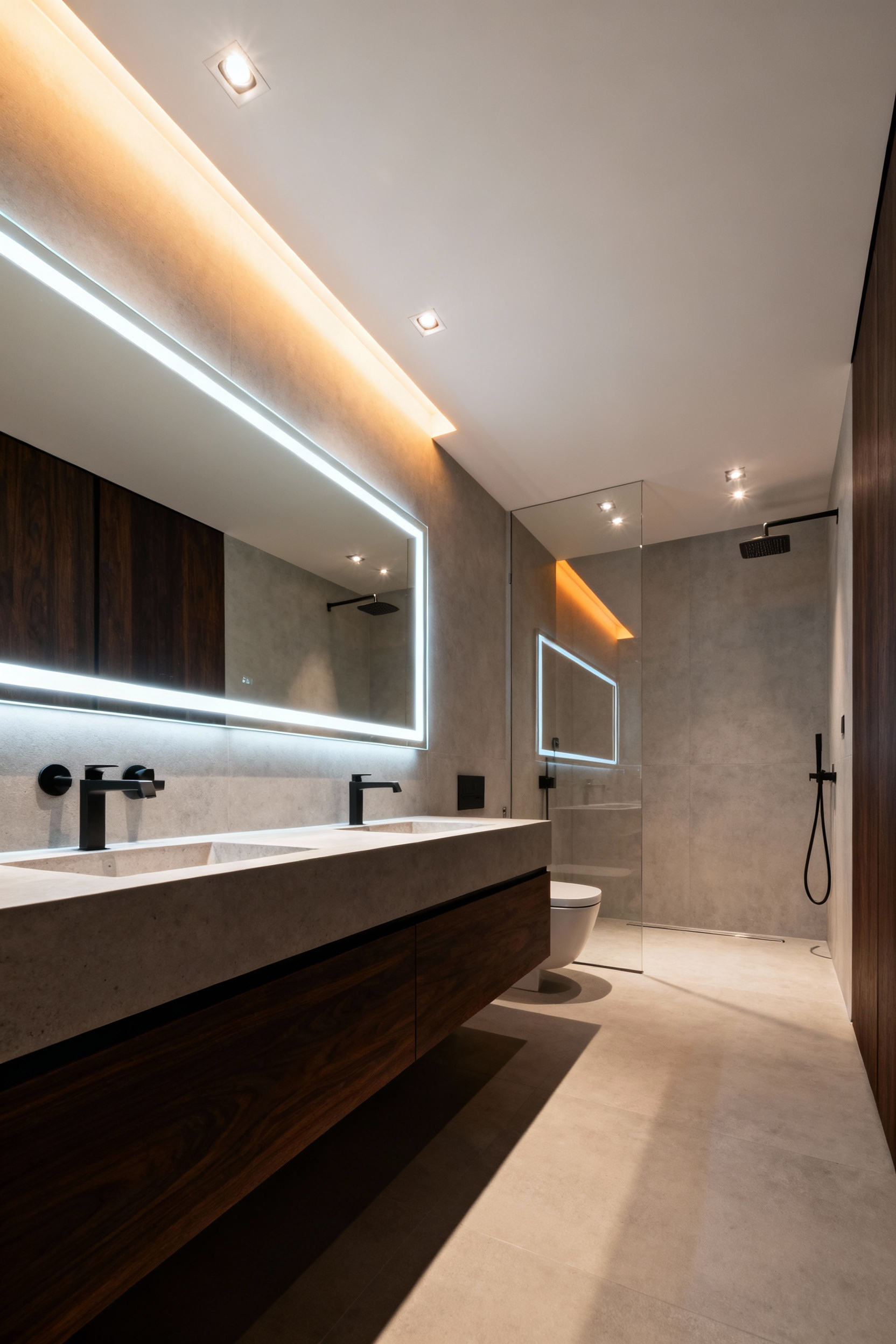 A modern bathroom with layered zoned lighting, showing bright task lights at a vanity mirror and soft ambient cove lighting creating distinct functional and mood-setting zones. Clean, minimalist design.