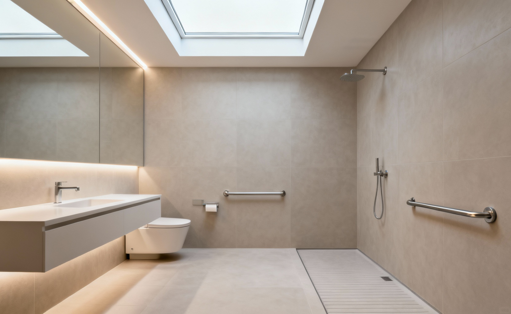 A modern, universally designed bathroom interior with a curbless shower, subtly integrated grab bars, and bright, glare-free lighting, illustrating an accessibility audit in progress.